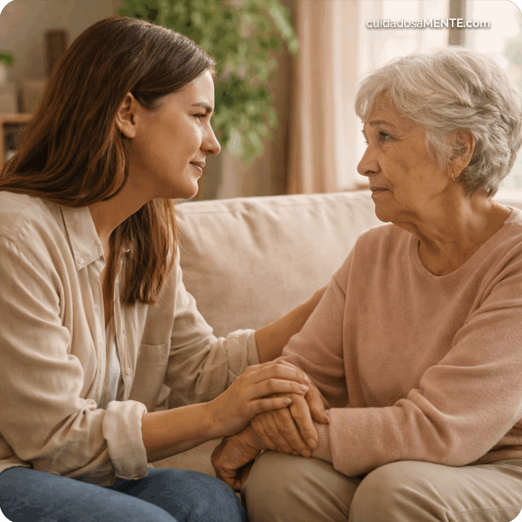 Madre e hija teniendo una conversación sobre la importancia de la salud mental de los padres.