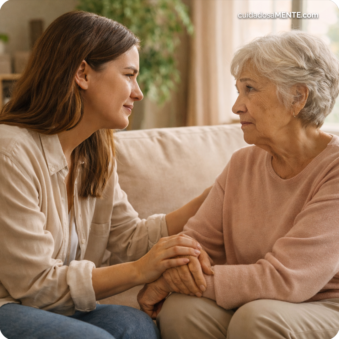 Mother and daughter having a conversation about the importance of parents' mental health.
