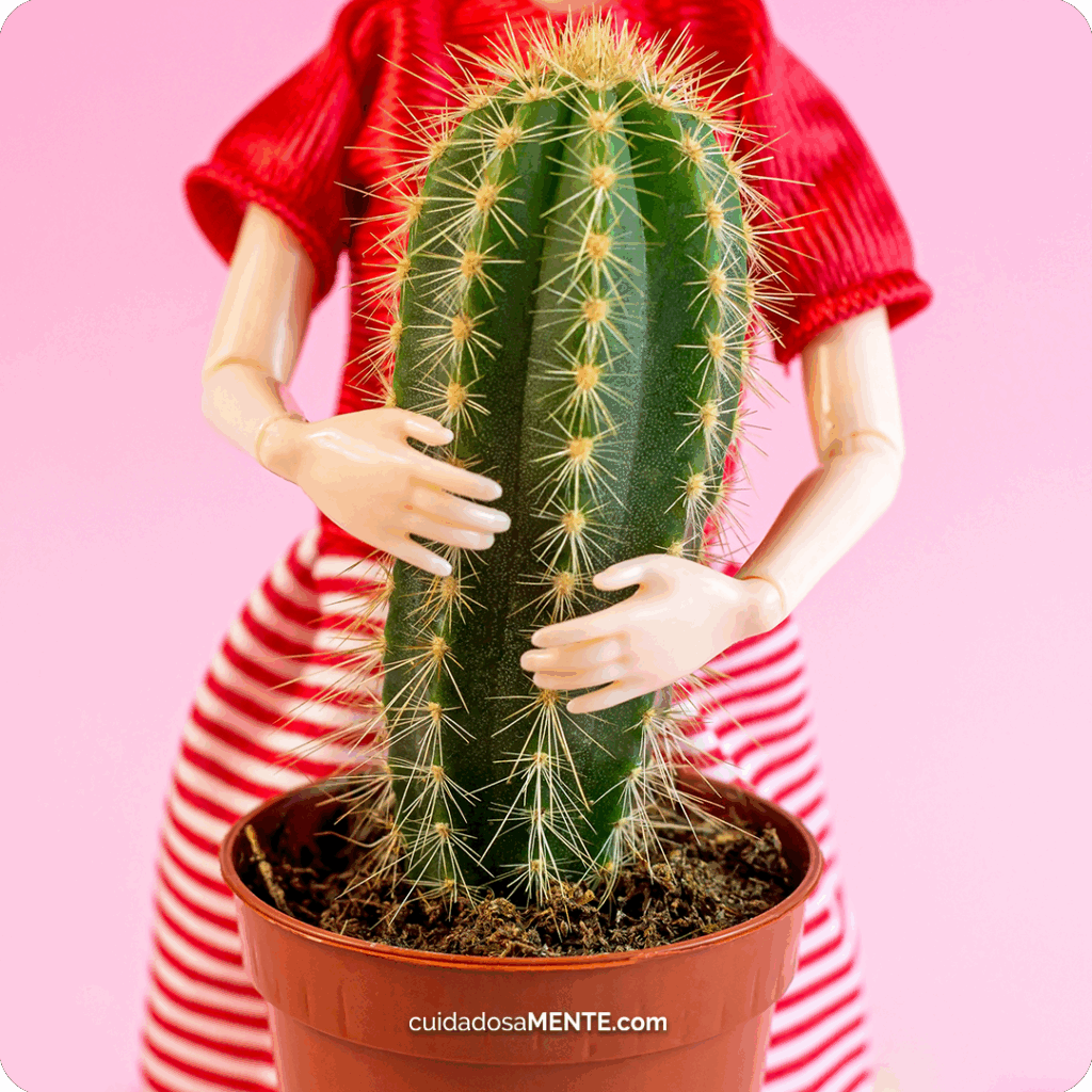 Muñeca abrazando un cactus simulando cómo se siente estar en una relación tóxica
